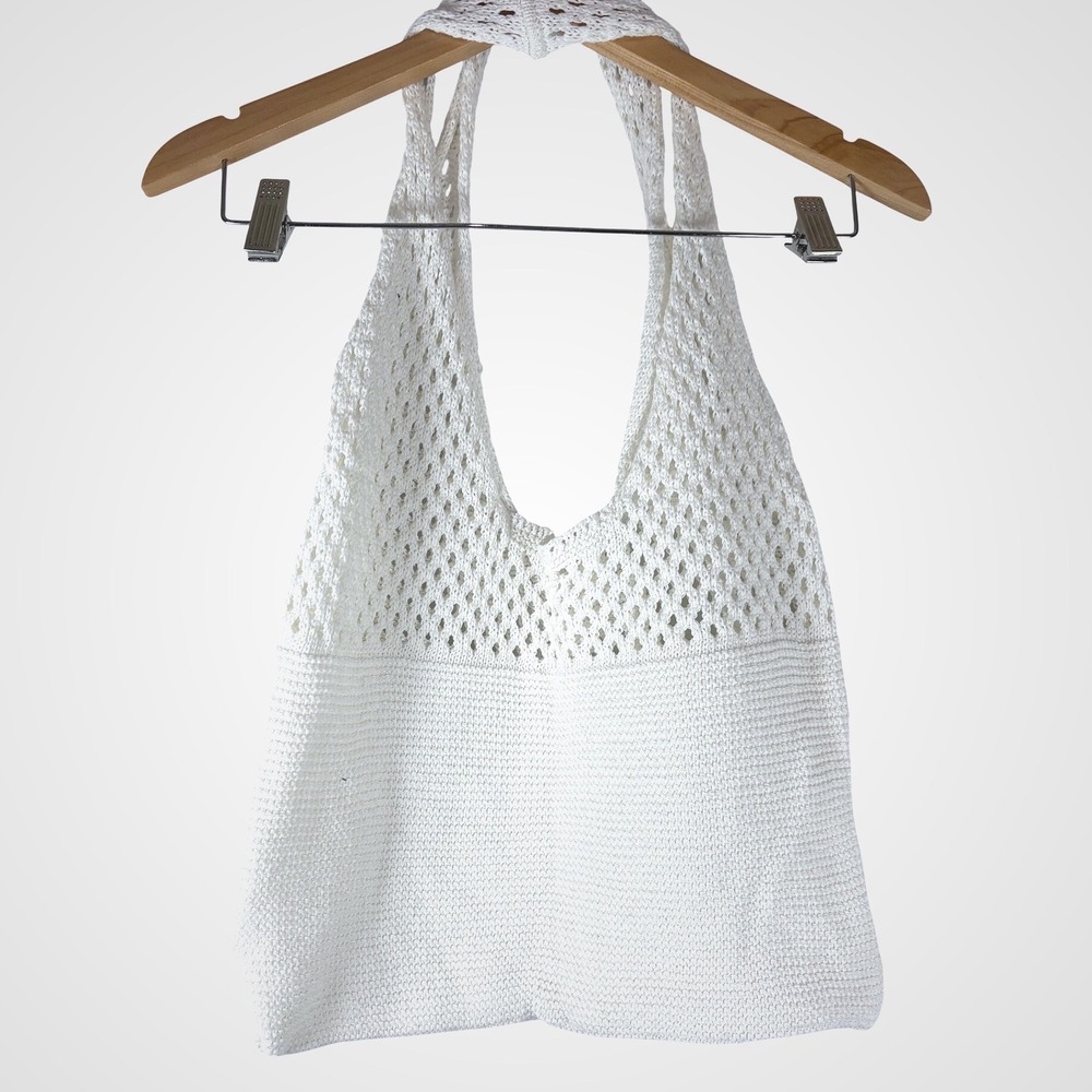 Handmade White Woven Cotton Crochet Mesh Tote Bag Boho Market Beach Shoulder Bag